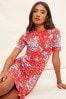 Friends Like These Red Floral Print Short Sleeve Ruffle Hem Jersey Mini Dress, Regular