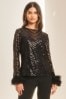 Lipsy Black Sequin Feather Cuff Round Neck Long Sleeve Top