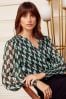 Love & Roses Green and Black Geo Sheer V Neck Long Sleeve Over The Head Blouse