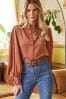 Friends Like These Rust Brown Tie Cuff Puff Sleeve Button Through Blouse, Regular