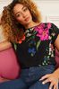 Love & Roses Black Floral Roll Sleeve Round Neck T-Shirt