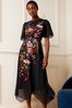 V&A | Love & Roses Black Placement Print Angel Sleeve Round Neck Chiffon Midi Dress