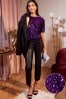 Love & Roses Purple Puff Sleeve Sequin Top, Regular