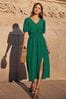 Shorts & Bloomers Green Puff Sleeve Ruched Waist V Neck Midi Summer Dress, Regular