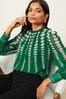 Love & Roses Green Printed Ruched High Neck Long Sleeve Chiffon Blouse