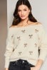 Lipsy Pink1 Cosy Sequin Embellished Off The Shoulder Jumper, Regular