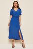 Friends Like These Cobalt Blue Puff Sleeve Ruched Waist V Neck Midi Summer Dress, Regular
