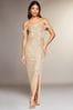 Lipsy Gold Petite Sequin Bardot Split Drape Maxi Dress, Petite