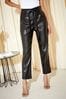 Womens Classic High Waisted Jeans Black Faux Leather Paperbag Belted Trousers