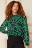 Love & Roses Green Aztec Printed Ruched High Neck Long Sleeve Chiffon Blouse, Regular