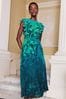 V&A | Love & Roses Blue Ombre Flutter Cap Sleeve Belted Pleated Maxi Dress