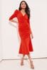 Lipsy Red Ruched Front Gathered Midi Fit and Flare Dress
