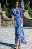 Lipsy Blue Ruched Front Sleeves V Neck Mesh Summer Maxi Dress