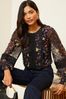 Love & Roses Black Floral Printed Crew Neck Lace Trim Long Sleeve Blouse