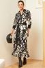 Love & Roses Black Animal Jersey Pleated Belted Midi Summer Shirt Dress