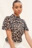 Friends Like These Grey Leopard Animal Short Sleeve Sheer Ruffle High Neck Top