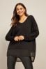 Friends Like These Black Petite Chiffon Hem Soft Jersey V Neck Tunic Top, Petite