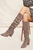 Friends Like These Neutral Wide Fit Block Mid Heeled Ruched Long Boots, Wide Fit