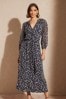 Love & Roses Navy Blue Petite Jersey Dobby Mix V Neck 3/4 Sleeve Midi Dress, Petite