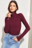 Lipsy Berry Red Knitted Roll Neck Ribbed Button Detail Long Sleeve Jumper, Regular