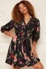 Love & Roses Black Lace Yoke V Neck 3/4 Sleeve Woven Mini Dress, Regular