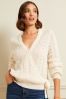 Love & Roses Ivory White Petite Pointelle Scallop Knitted Wrap Jumper, Petite