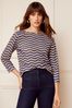 Love & Roses Navy Blue and Camel Wave Stripe 3/4 Sleeve Boat Neck T-Shirt