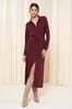 Friends Like These Burgundy Red Belted Textured Long Sleeve Midi Shirt Dress, Regular