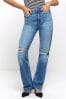 River Island Blue High Rise Straight Ripped Non - Stretch Jeans