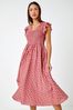 Roman Pink Spot Frill Detail Shirred Midi Dress