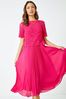 Roman Pink Lace Top Overlay Pleated Midi Dress