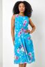 Roman Blue Petite Floral Print Buckle Detail Dress