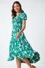 Roman Green Floral Shirred Waist Tiered Midi Dress