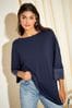 Friends Like These Navy Blue Petite Soft Jersey Long Sleeve Satin Trim Tunic Top, Petite