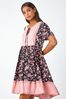 Roman Black Floral Border Print Smock Dress