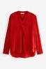 Red Long Sleeve Overhead V-Neck Relaxed Fit Blouse, Regular