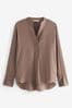 Taupe Long Sleeve Overhead V-Neck Relaxed Fit Blouse, Regular