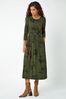Roman Green Floral Print Midi Stretch Dress