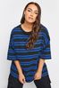 Yours Curve Blue Engineered Double Stripe Boxy T-Shirt