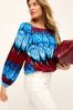 Blue Tie-Dye Print Boat Neck Textured Blouse