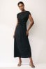 Black Textured Ruched Midi Dress