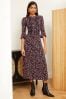 Love & Roses Printed Flute Sleeves High Neck Lace Trim Midi Dress
