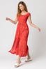 Roman Red Shirred Floral Print Bardot Dress