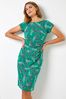 Roman Green Floral Puff Print Side Ruched Dress