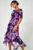 Roman Pink/Blue Floral Print Frill Detail Midi Dress
