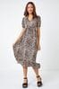 Roman Brown Animal Print Lace Trim Midi Dress