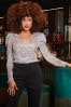 Sosandar Silver Sequin Gathered Sleeeve Square Neck Top