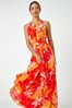 Roman Pink Tropical Print Halterneck Maxi Dress