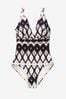 Black/Cream Aztec Print Plunge Tummy Shaping Control Swimsuit, Regular