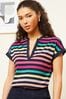 Love & Roses Navy Blue Rainbow Stripe Petite Jersey V Neck Woven Trim Shorts Sleeve T-Shirt, Petite